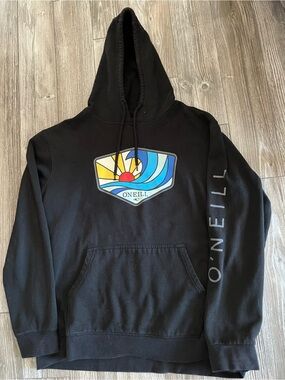 🌸 O'Neill Black Hoodie with Blue and Yellow Surf Graphic